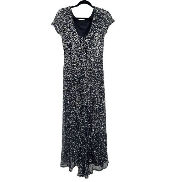 Adrianna Papell Gown Formal Holiday Sequined Fishtail Bustle Train Navy Silver 6 - Picture 11 of 17